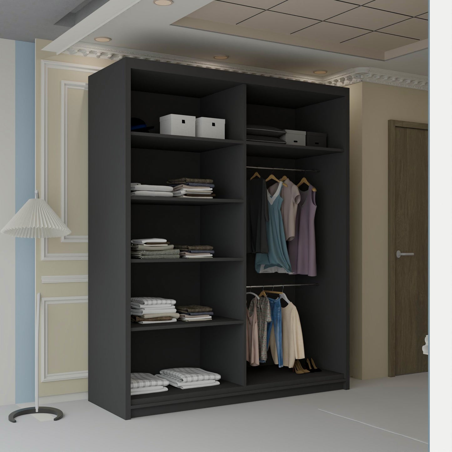 Vision New Sliding Mirror Door Wardrobe - Black, Gray, White, Oak