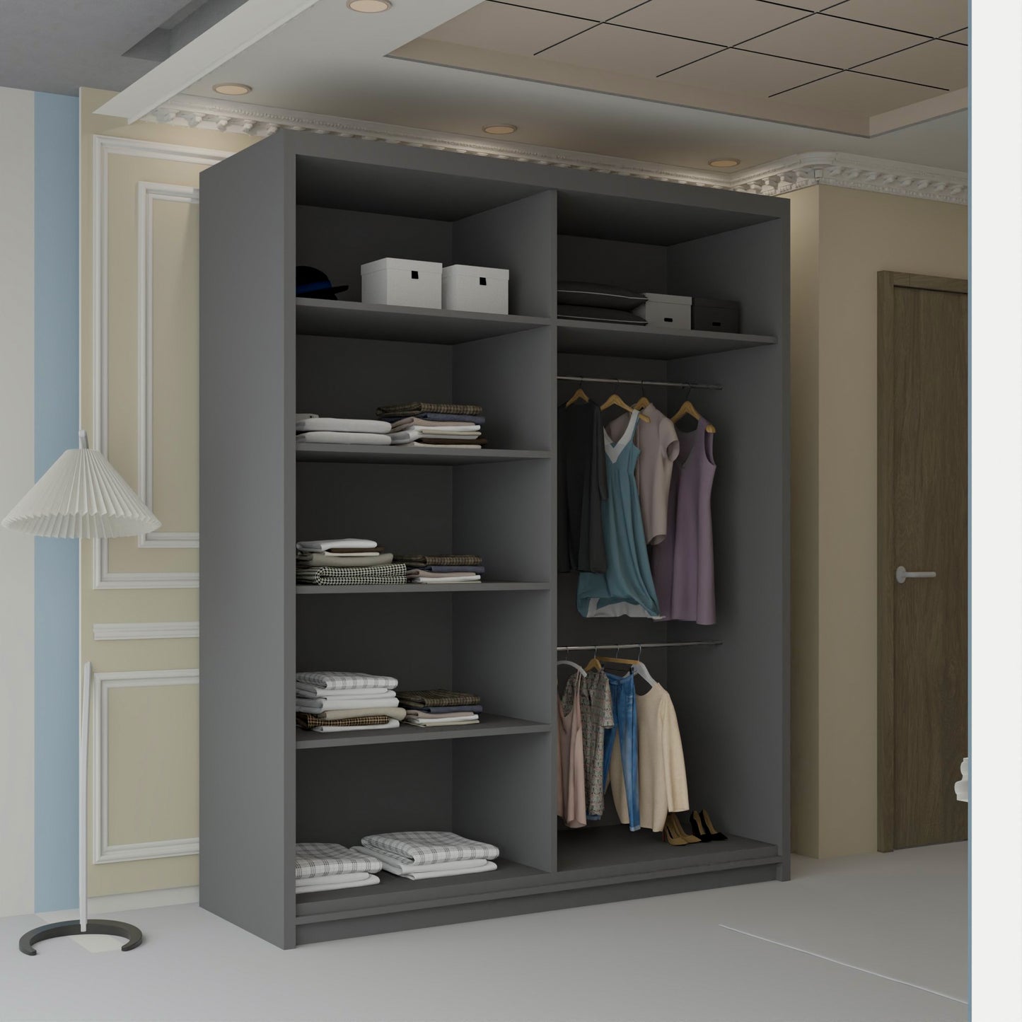 Vision New Sliding Mirror Door Wardrobe - Black, Gray, White, Oak