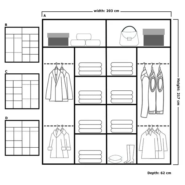 Batumi Wardrobe - Black, White, Grey, Oak - 120cm, 150cm, 180cm, 203cm