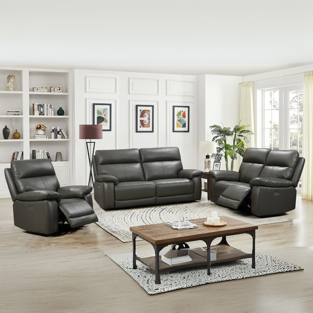 Brooklyn Grey 3+2+1 Electric Recliner Sofa Set | Premium Faux Leather Living Room Suite
