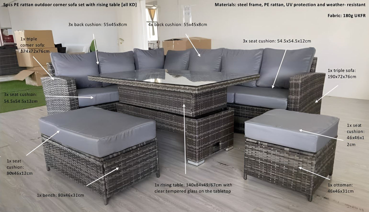 Harmony Corner Sofa with Rising Table and Stools in Grey Rattan