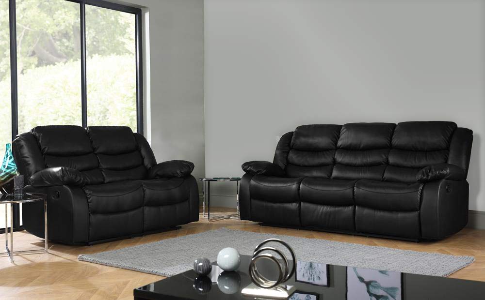 2 Seat Black Recliner Sofa, Leather bonded Reclining Lazy boy Sofa