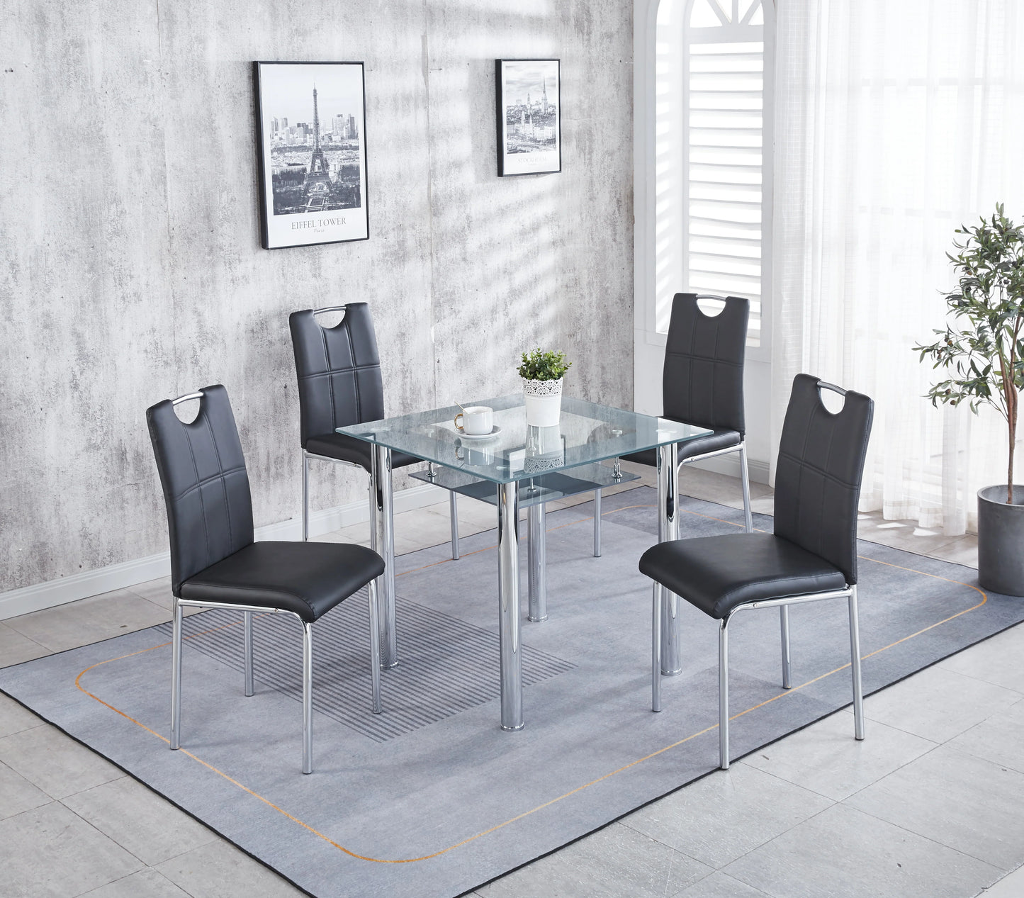 Compact Glass Dining Table with 4 Chairs- Black ,Grey