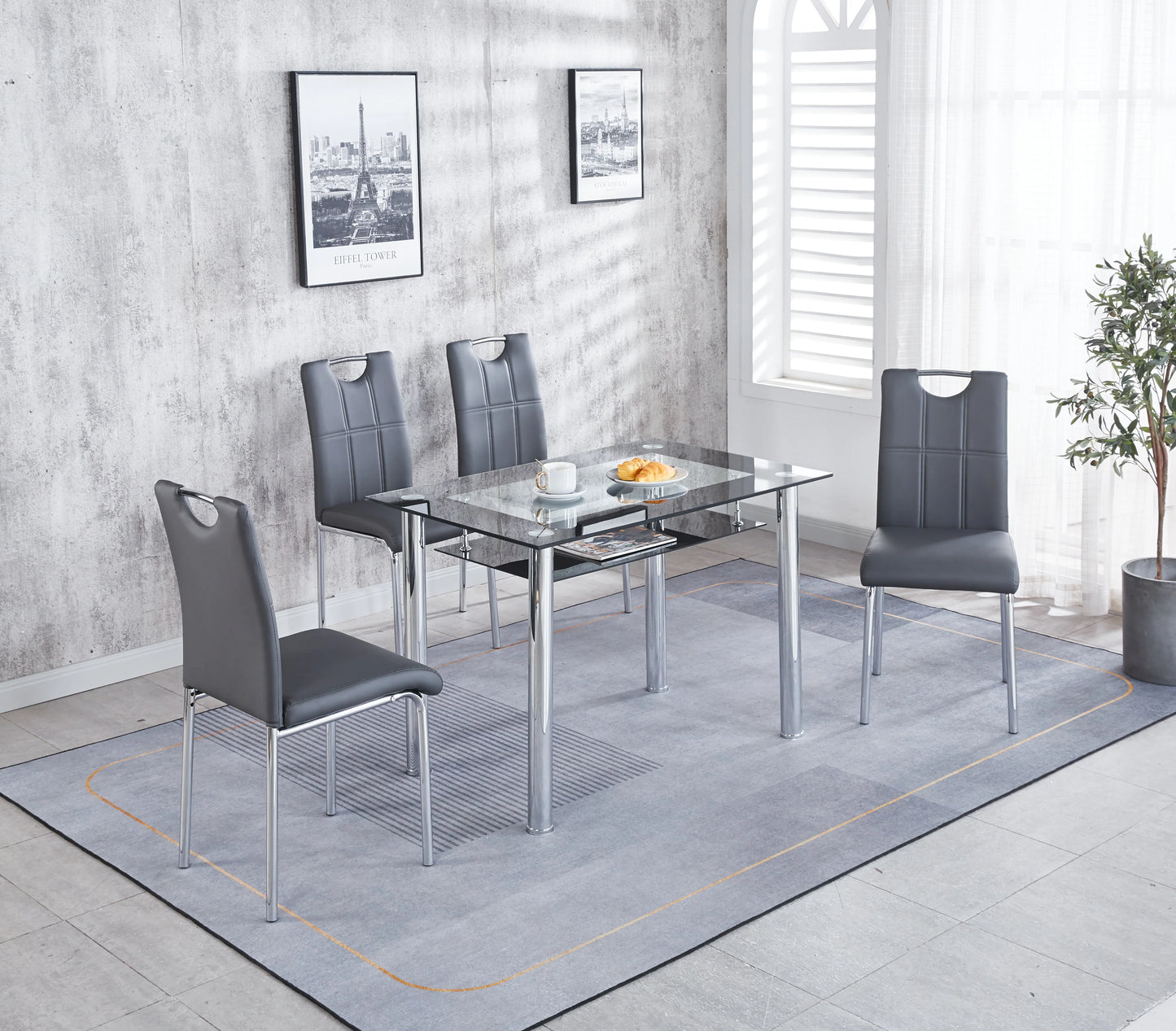 Compact Glass Dining Table with 4 Chairs- Black ,Grey