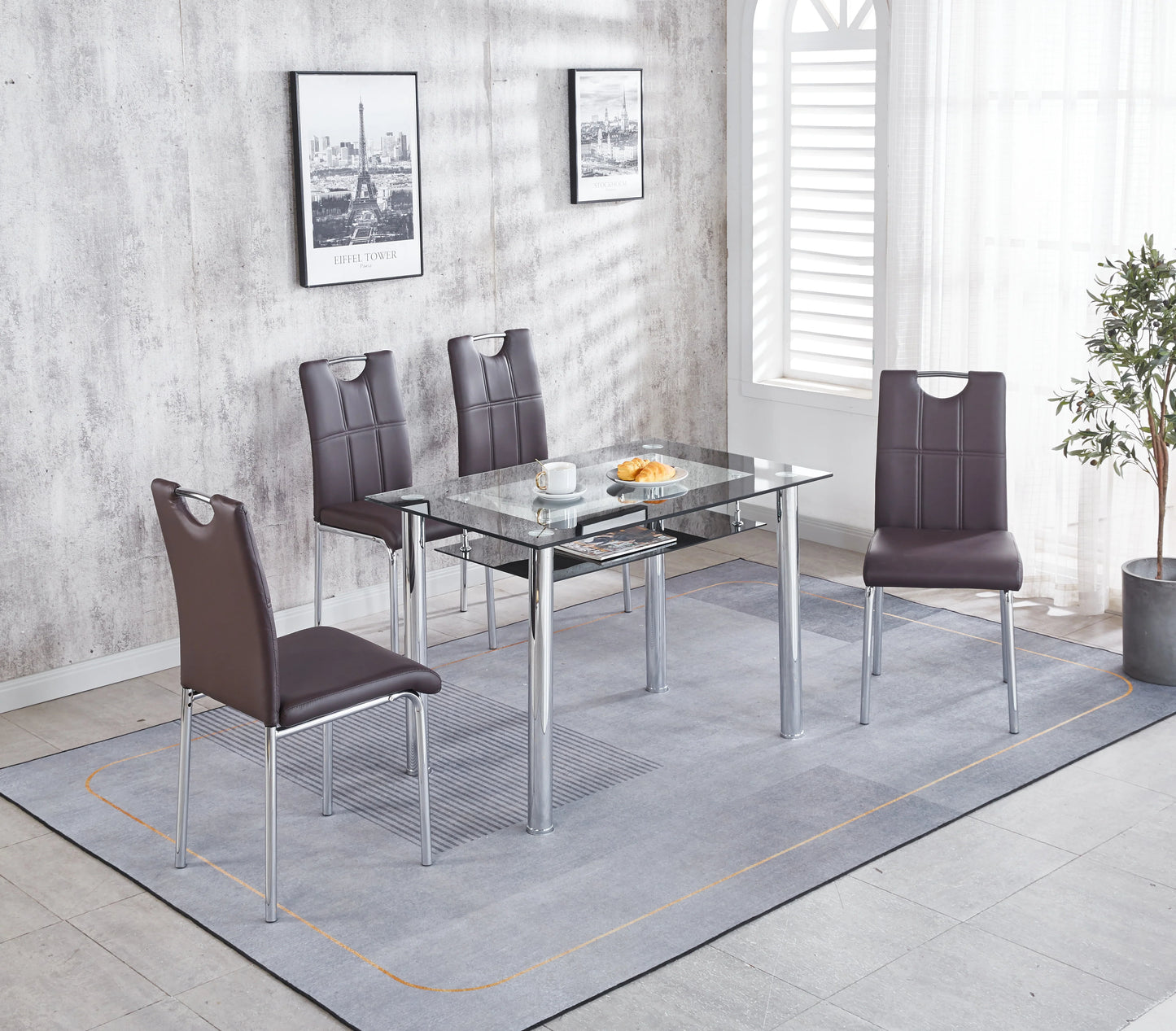 Compact Glass Dining Table with 4 Chairs- Black ,Grey