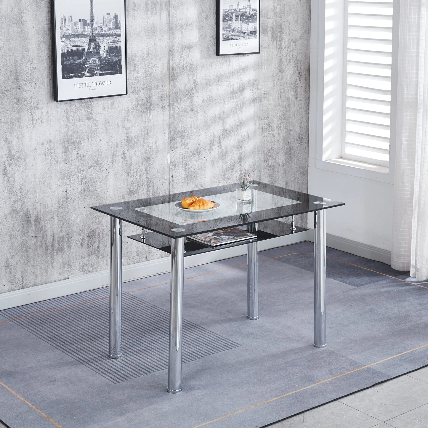 Compact Glass Dining Table with 4 Chairs- Black ,Grey