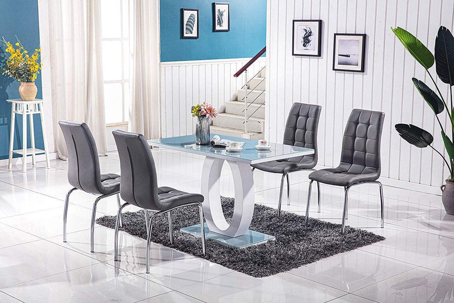 GIULIA 120 cm Grey Gloss Finish Tempered Glass Table Top Dining Set