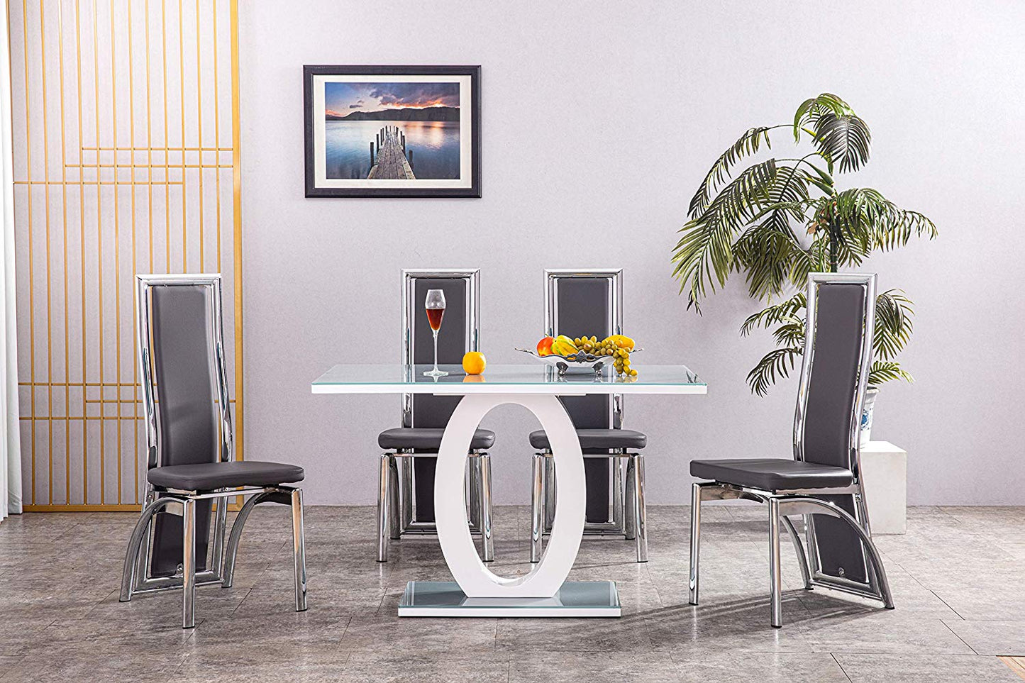 GIULIA 120 cm Grey Gloss Finish Tempered Glass Table Top Dining Set