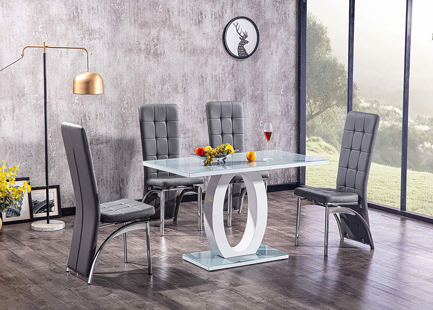 GIULIA 120 cm Grey Gloss Finish Tempered Glass Table Top Dining Set