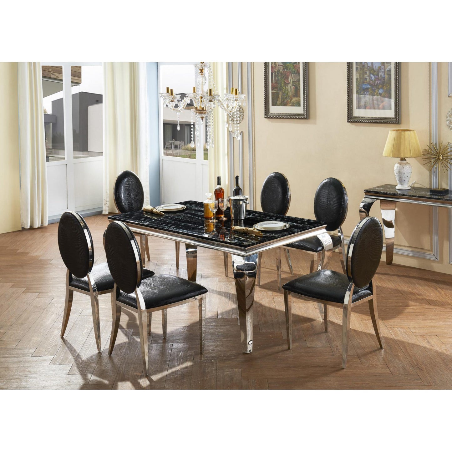 Arriana Marble Dining Set - Table & Black PU Leather Chairs (5 or 7 Pieces)