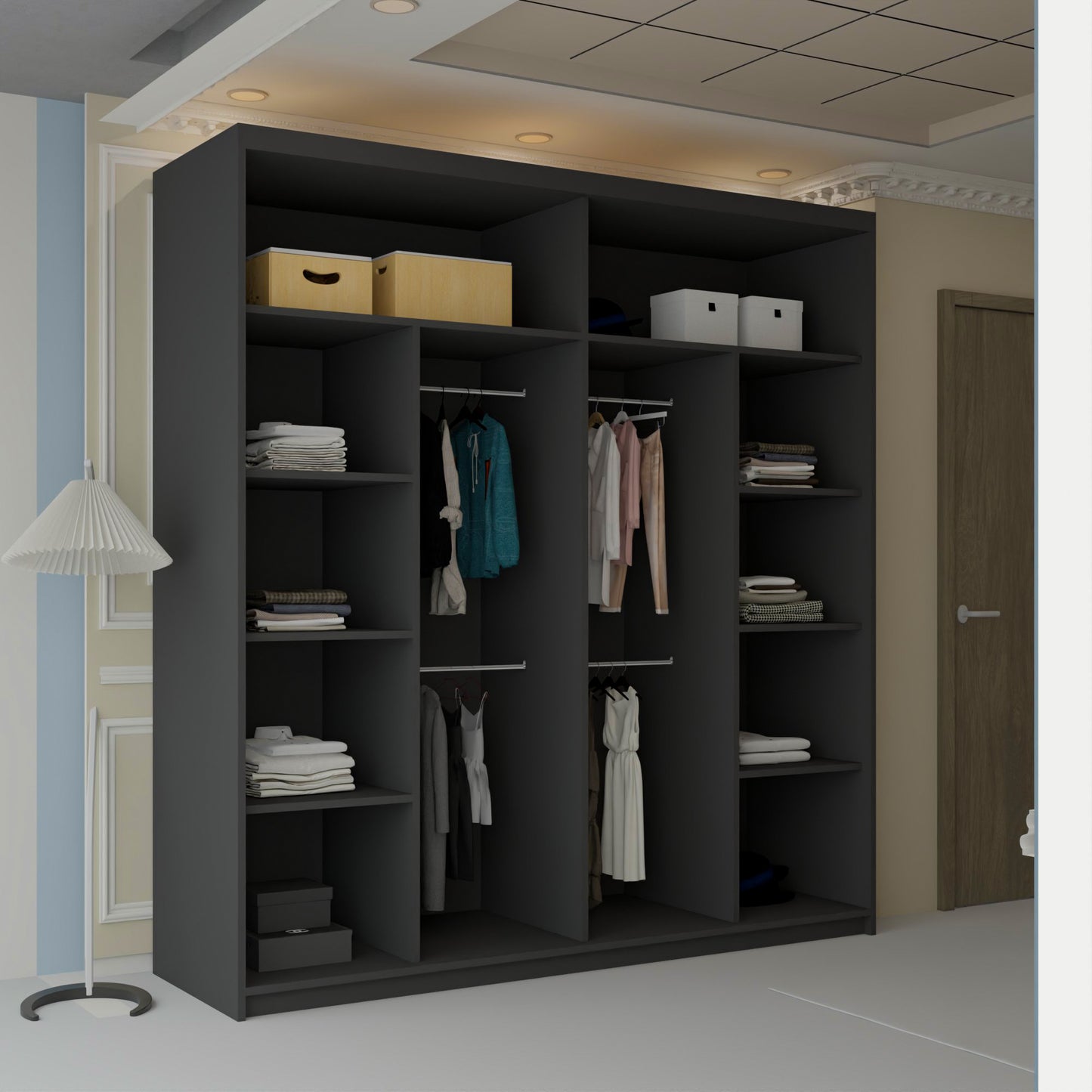 Vision New Sliding Mirror Door Wardrobe - Black, Gray, White, Oak