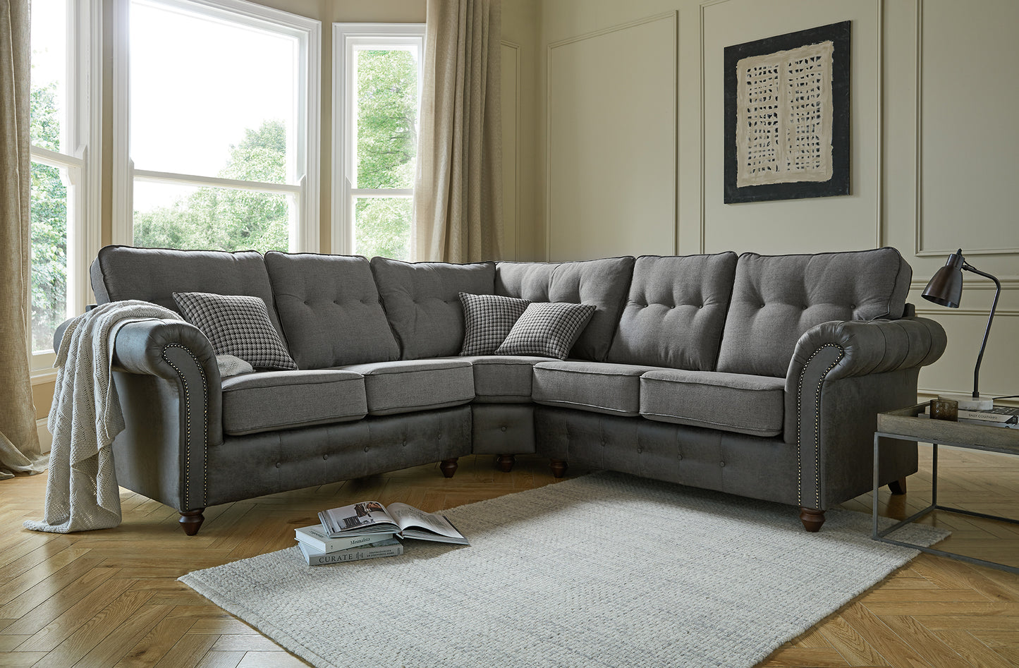Barcelona Elegant Button-Tufted Grey Corner Sofa with Rolled Arms