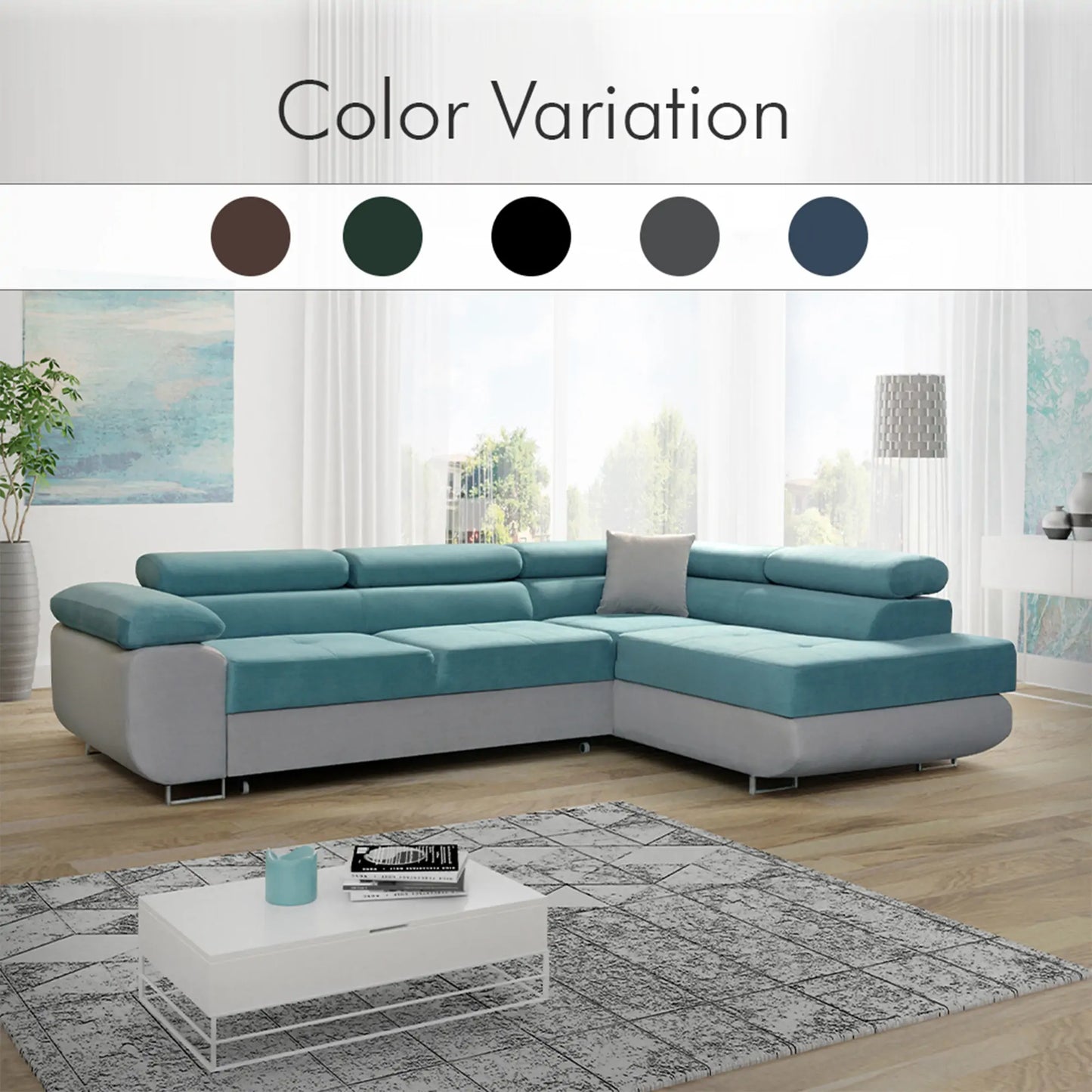 LIDO Corner Sofa Bed - Black, Blue, Brown, Green, Grey, Sky Blue
