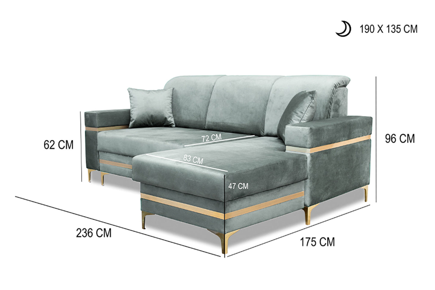 Florence Grey Gold Corner Sofa Bed - Black/Gold, Green&Gold, Grey&Gold, Blue/gold