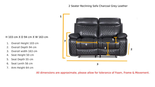Atlanta Leather Recliner Sofa - 2 Seater - Charcoal/Grey