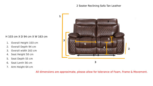 Atlanta Leather Recliner Sofa - 2 Seater - Tan