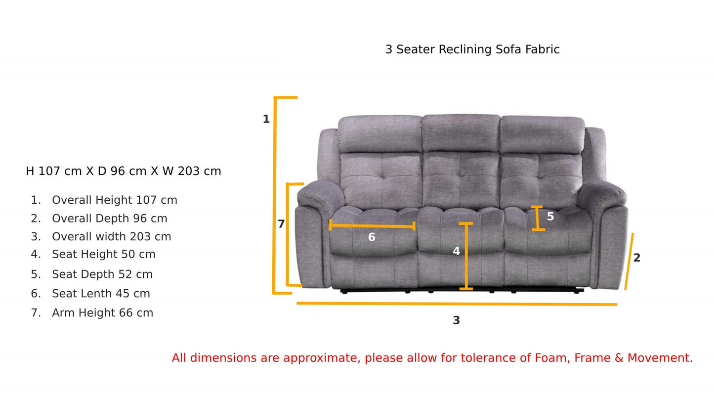 Texas Fabric Recliner Sofa| 3-Seater| Silver