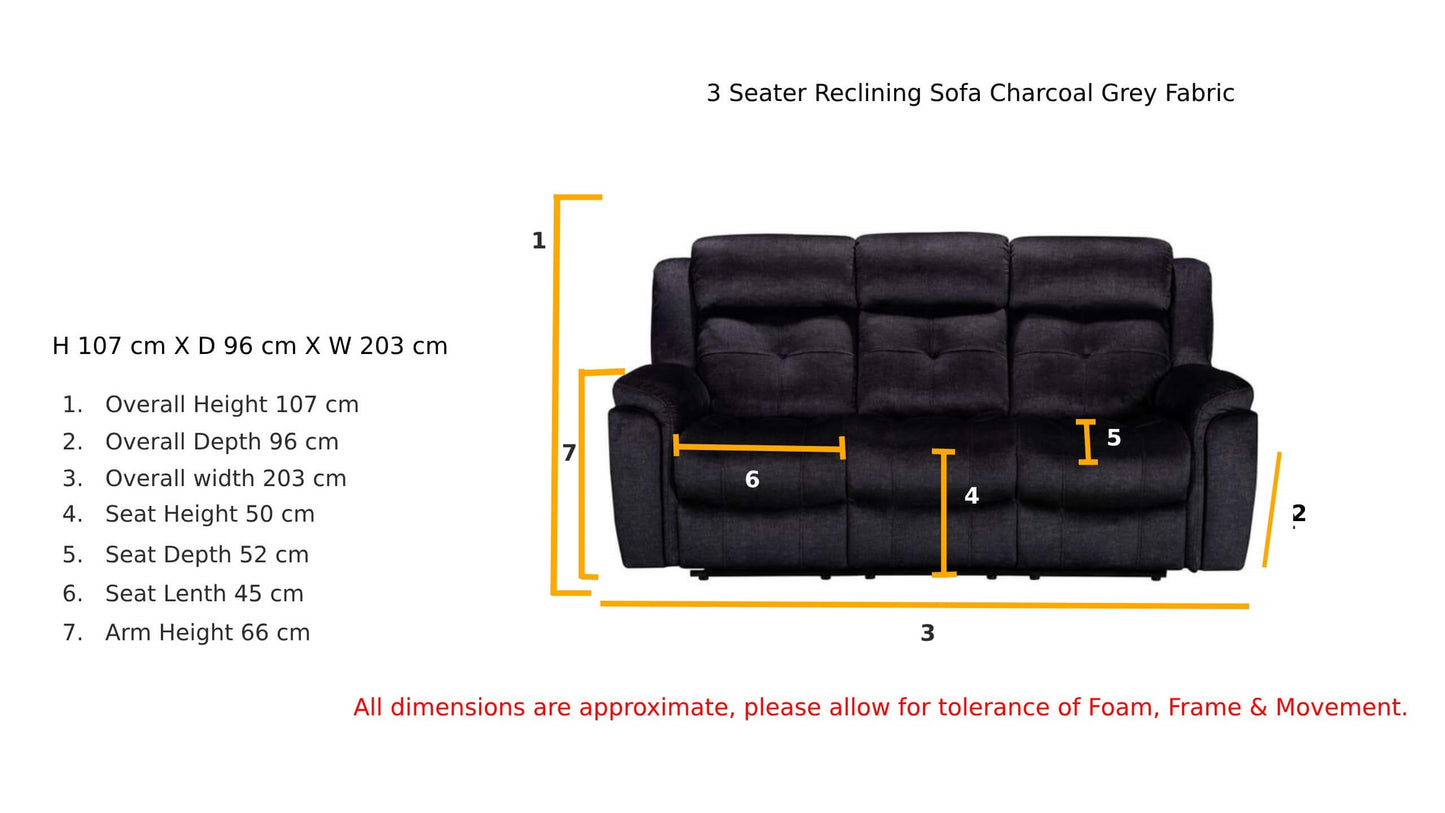 Texas Fabric Recliner Sofa| 3-Seater| Charcoal
