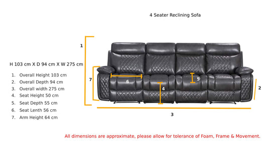 Atlanta Leather Dropdown Recliner Sofa - 4 Seater - Charcoal/Dark Grey