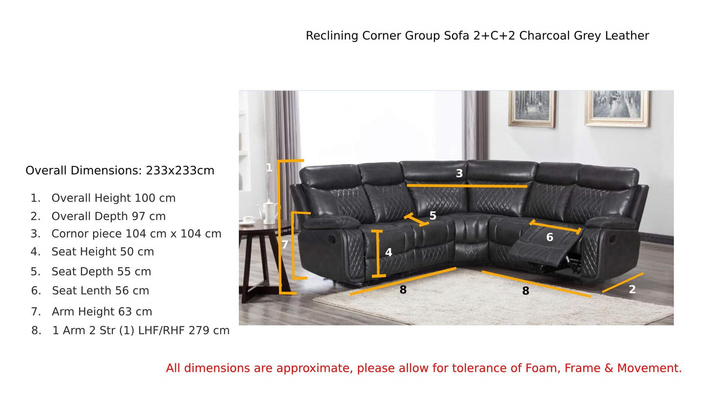 Atlanta Leather Recliner Corner Group Sofa | 2+C+2 | Charcoal/Dark Grey