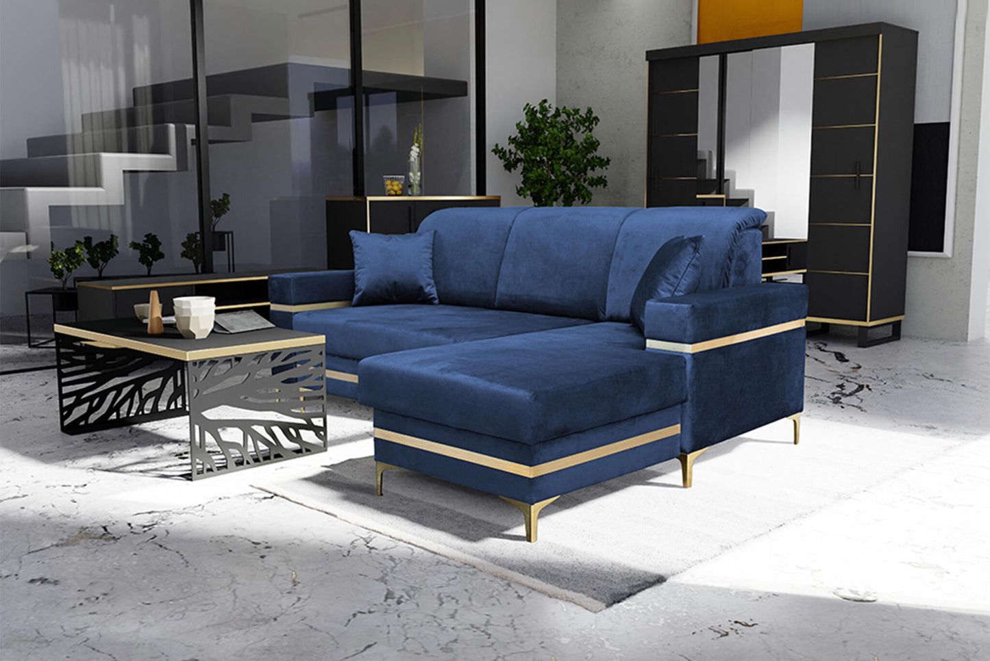 Florence Grey Gold Corner Sofa Bed - Black/Gold, Green&Gold, Grey&Gold, Blue/gold