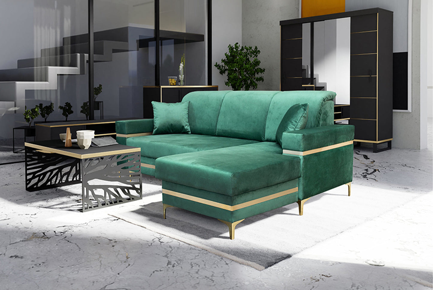 Florence Grey Gold Corner Sofa Bed - Black/Gold, Green&Gold, Grey&Gold, Blue/gold