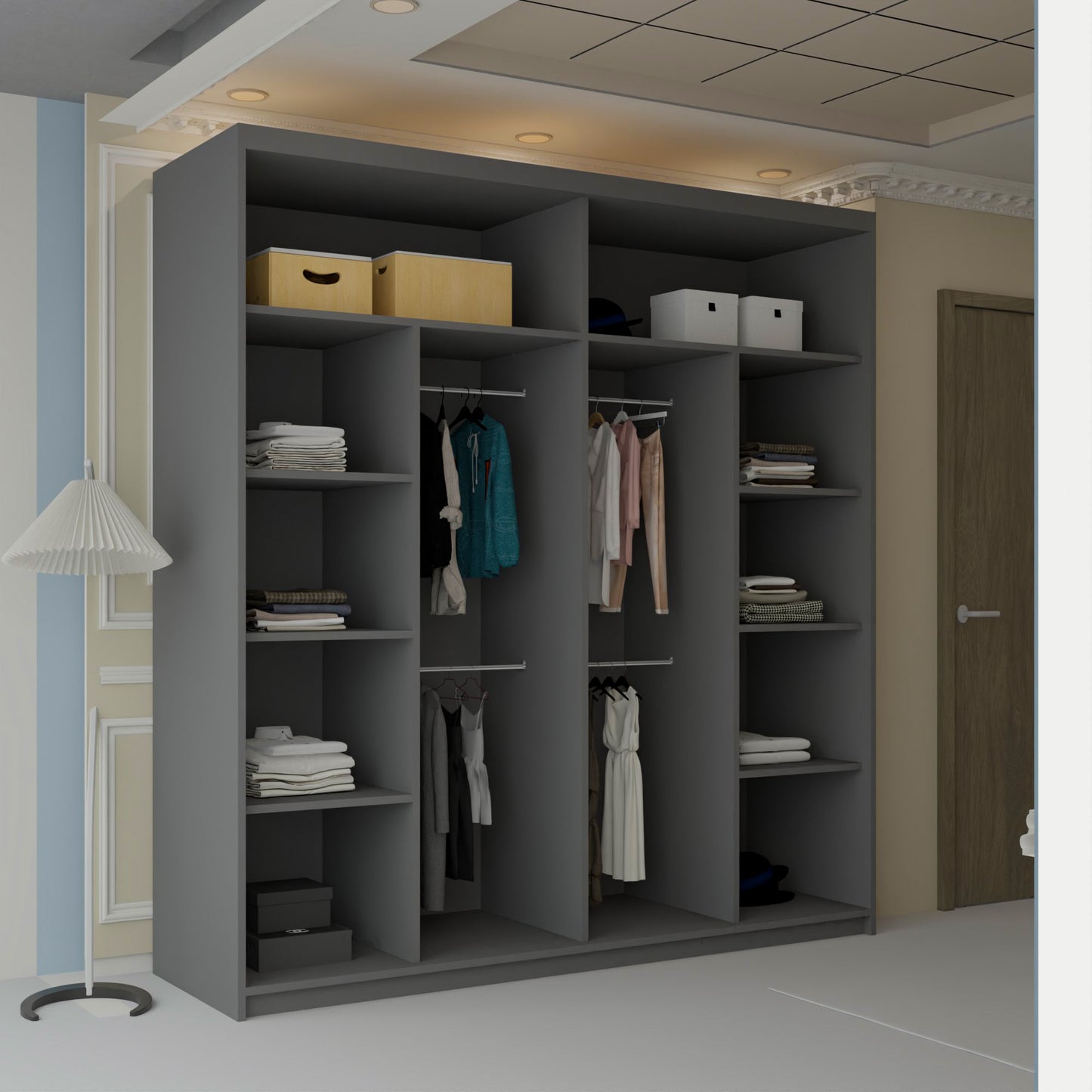 Vision New Sliding Mirror Door Wardrobe - Black, Gray, White, Oak