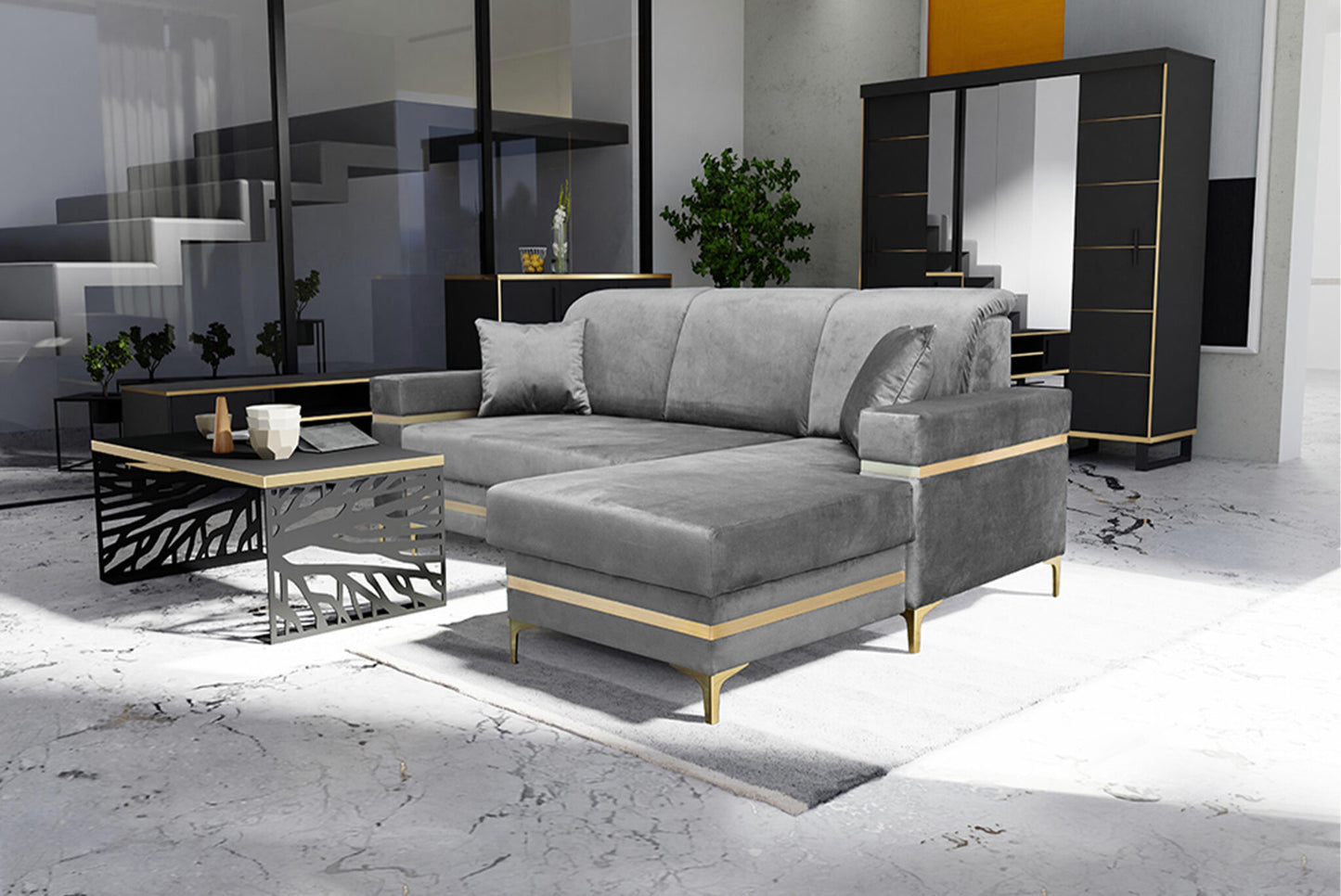 Florence Grey Gold Corner Sofa Bed - Black/Gold, Green&Gold, Grey&Gold, Blue/gold