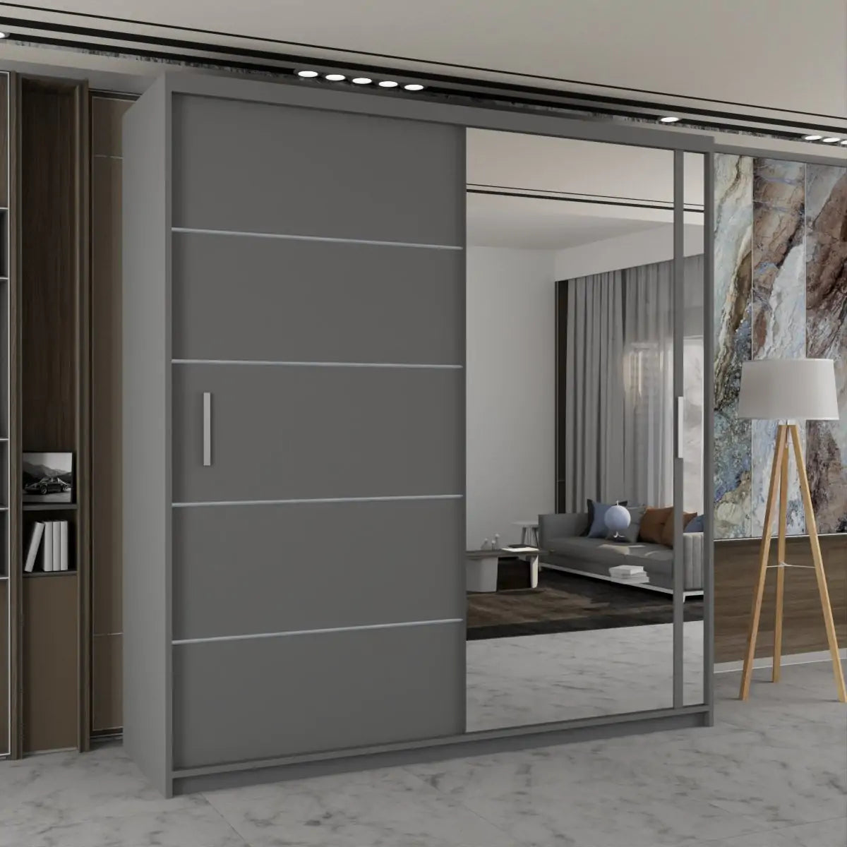 Vision New Sliding Mirror Door Wardrobe - Black, Gray, White, Oak