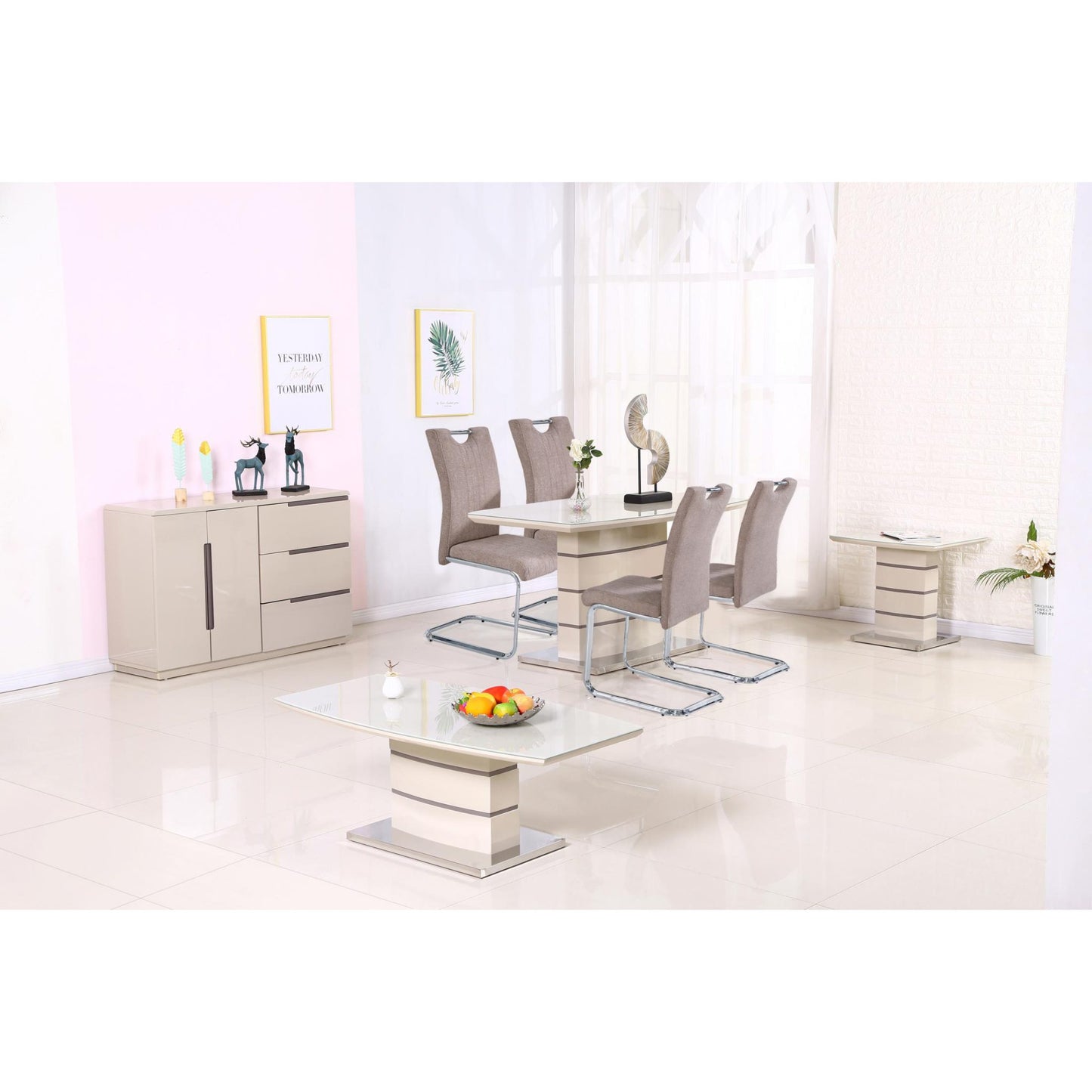 Knightsbridge Dining Set – Glass Top Table and Fabric Chairs