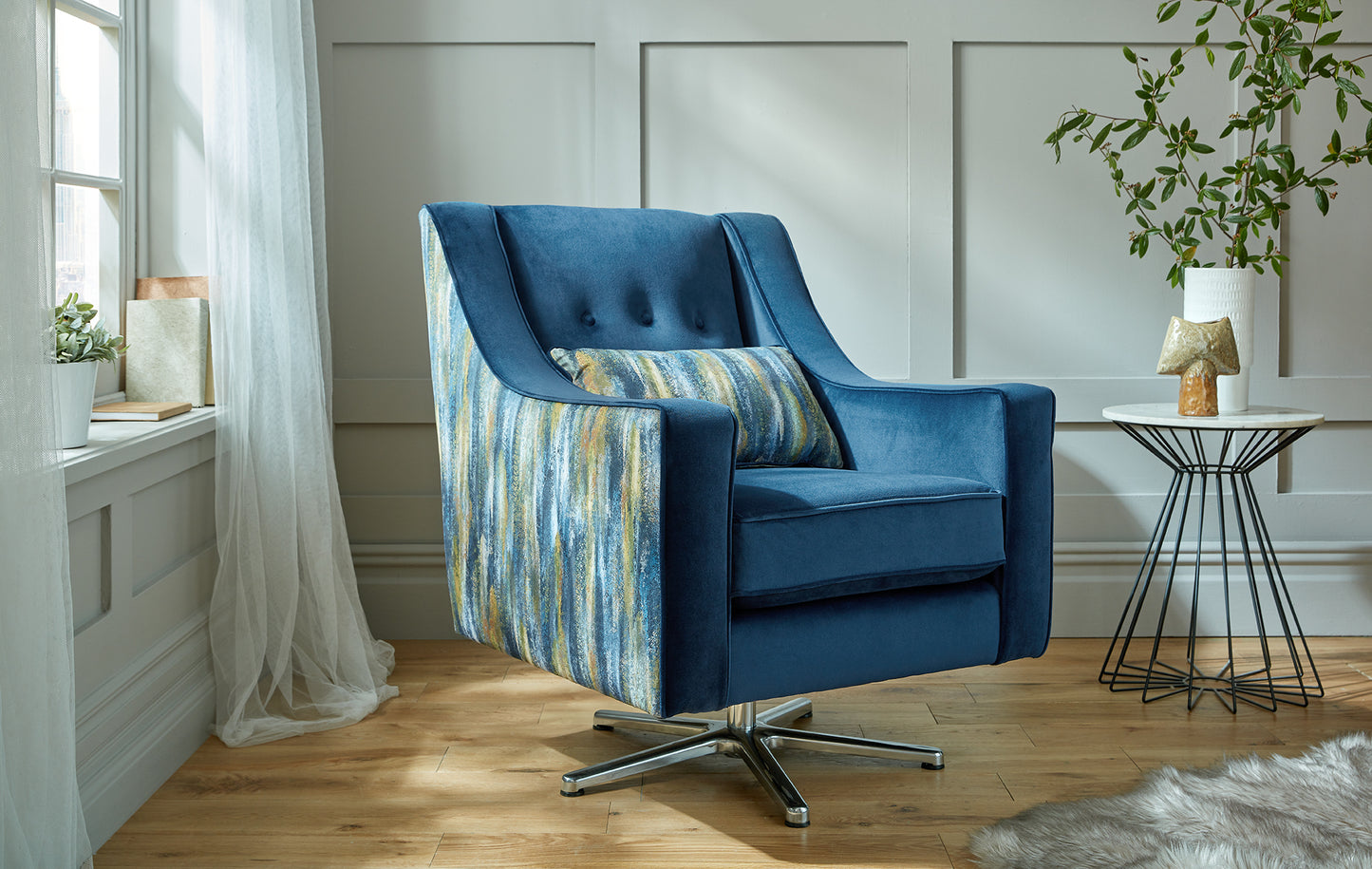 Lux Swivel Armchair with Geometric Cushion -