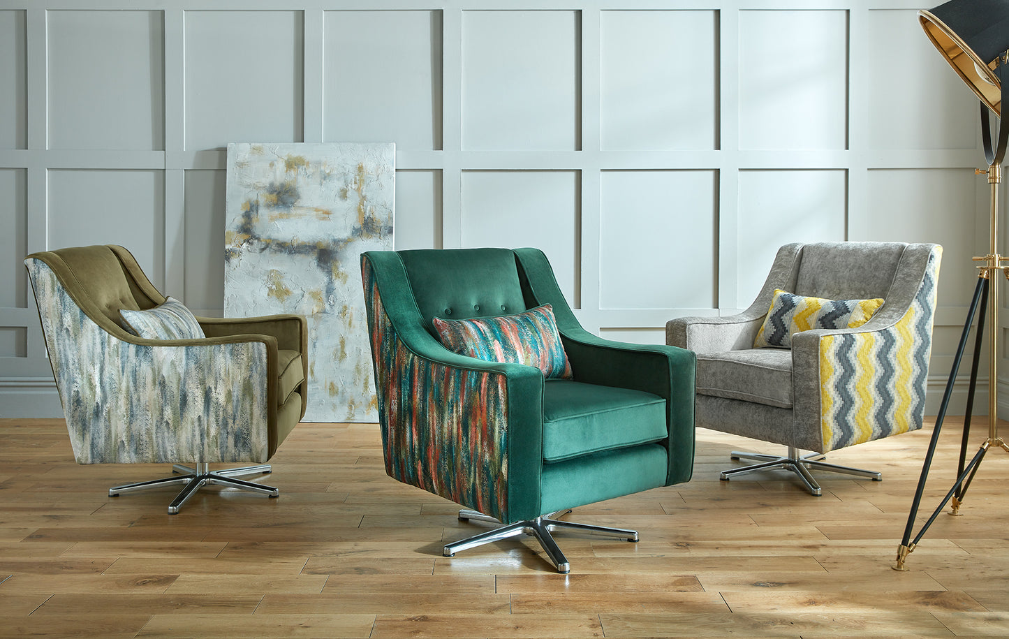 Lux Swivel Armchair with Geometric Cushion -