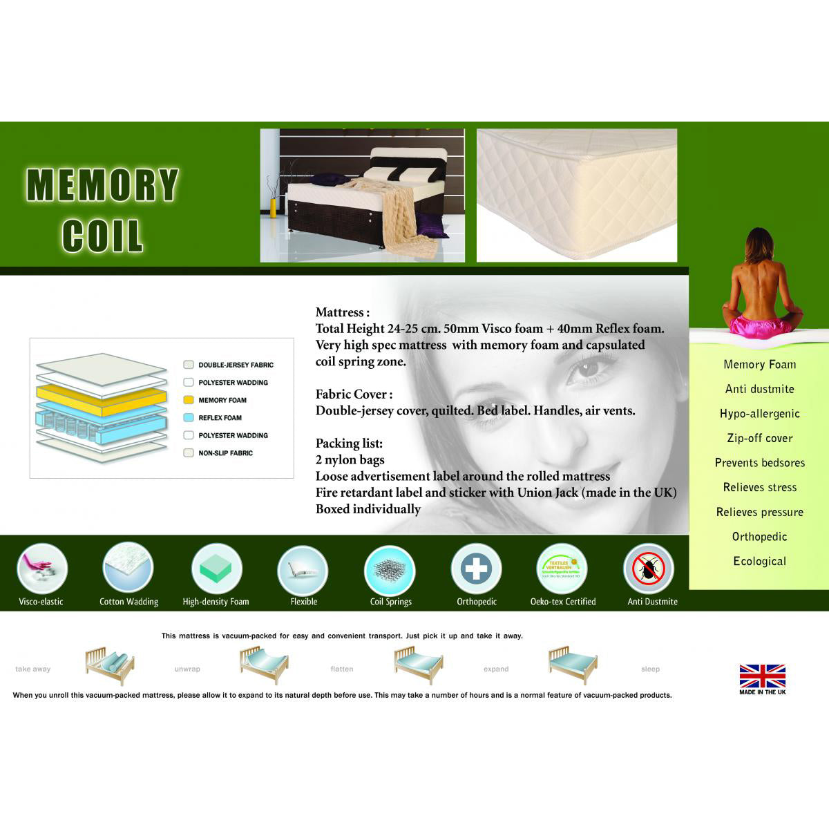 Memory Coil Mattress - Single, 4 Foot, Double, King Size