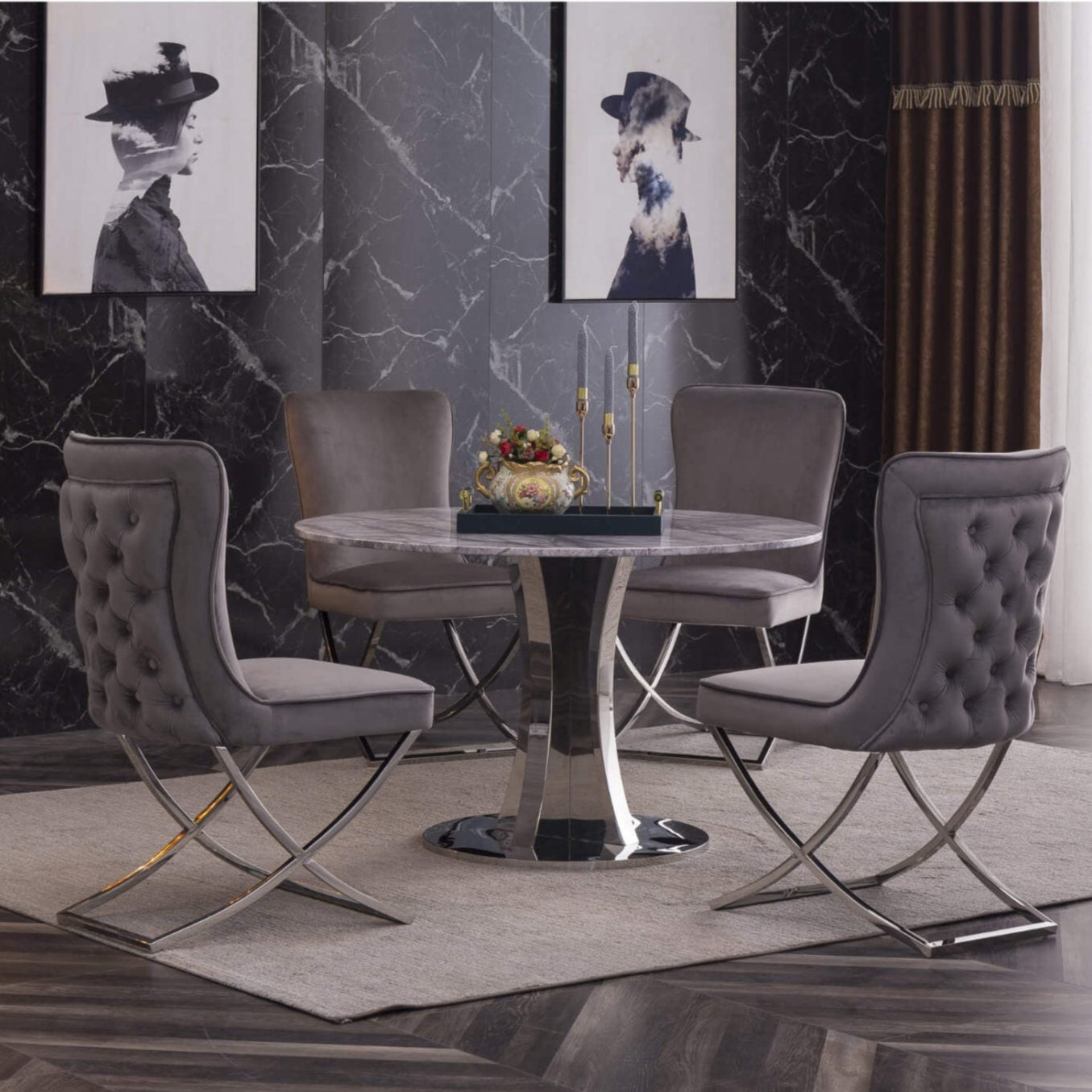 Panama Marble Dining Table – Polished Top with Stainless Steel Base
