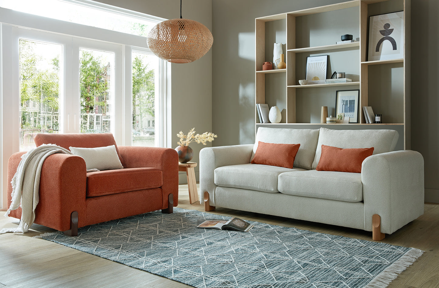 Prague 3-Seater Sofa & Snuggle Chair & Sofa bed - Neutral & Terracotta Set