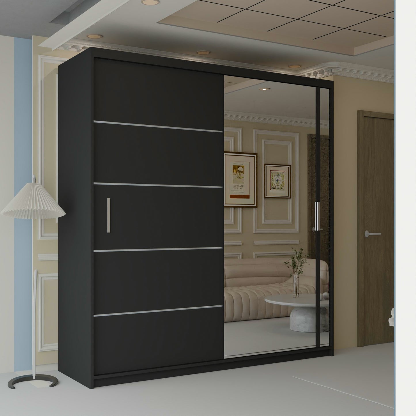Vision New Sliding Mirror Door Wardrobe - Black, Gray, White, Oak