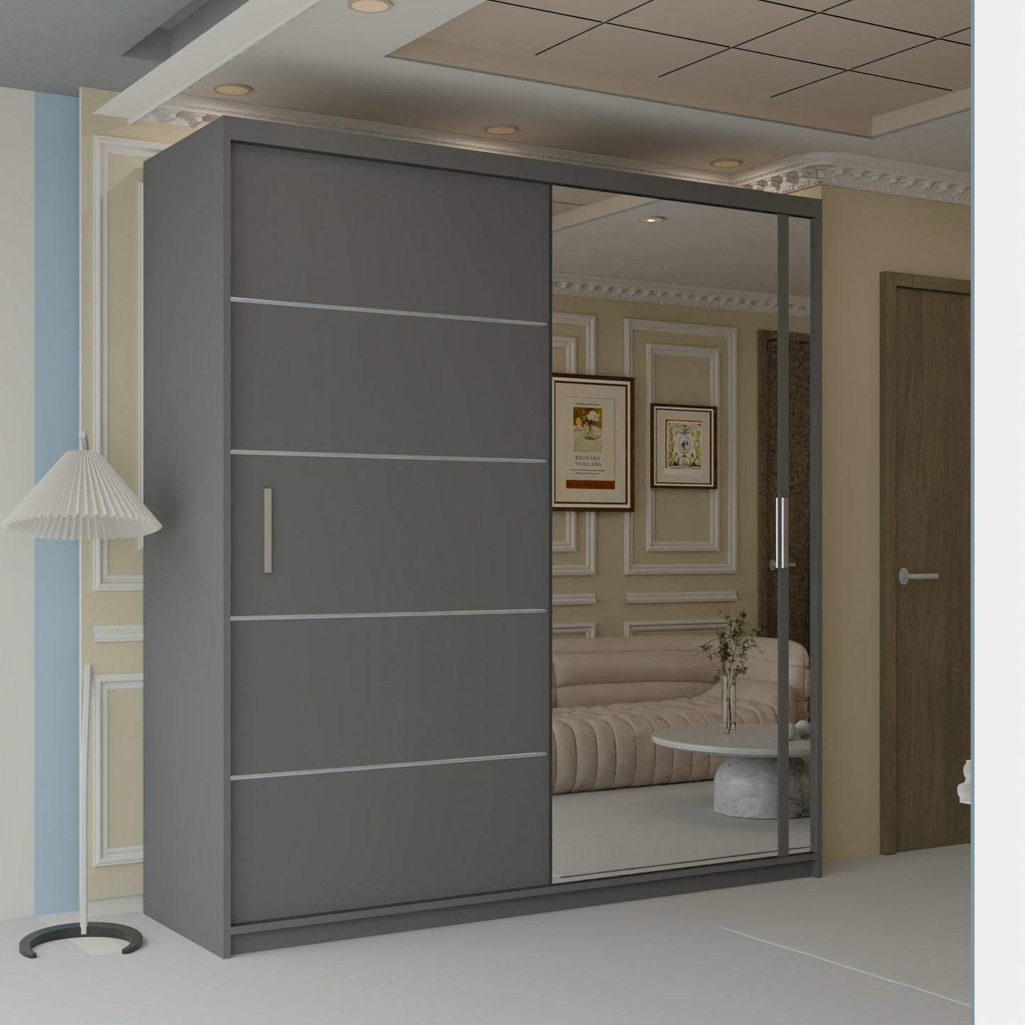 Vision New Sliding Mirror Door Wardrobe - Black, Gray, White, Oak