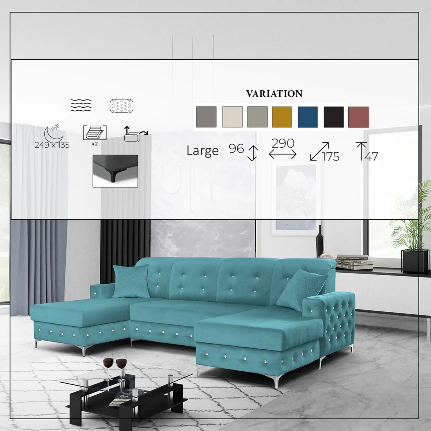 Verso Large Sofa Bed - Black, Blue, Grey, Sky Blue, Light Pink, Mustard, Silver