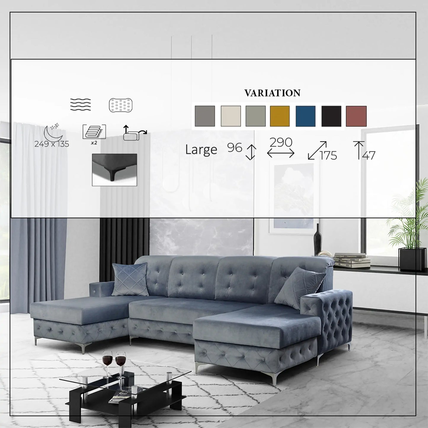 Verso Large Sofa Bed - Black, Blue, Grey, Sky Blue, Light Pink, Mustard, Silver