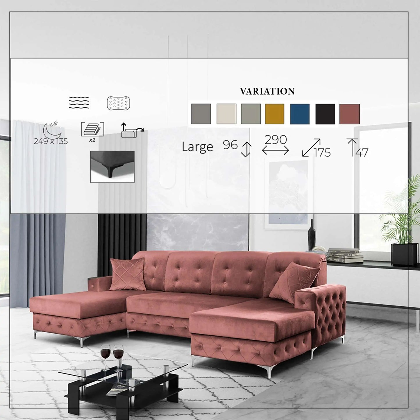 Verso Large Sofa Bed - Black, Blue, Grey, Sky Blue, Light Pink, Mustard, Silver