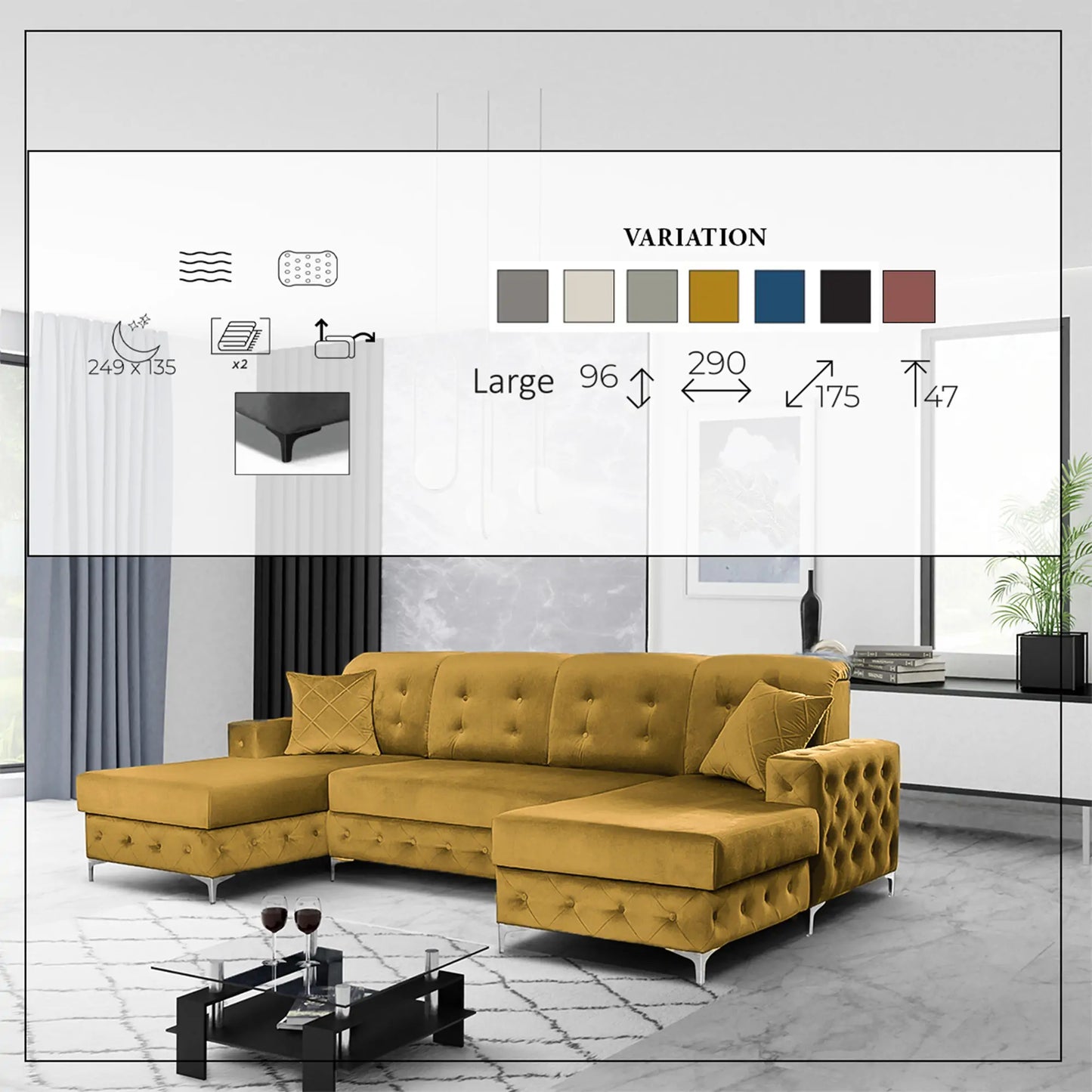 Verso Large Sofa Bed - Black, Blue, Grey, Sky Blue, Light Pink, Mustard, Silver