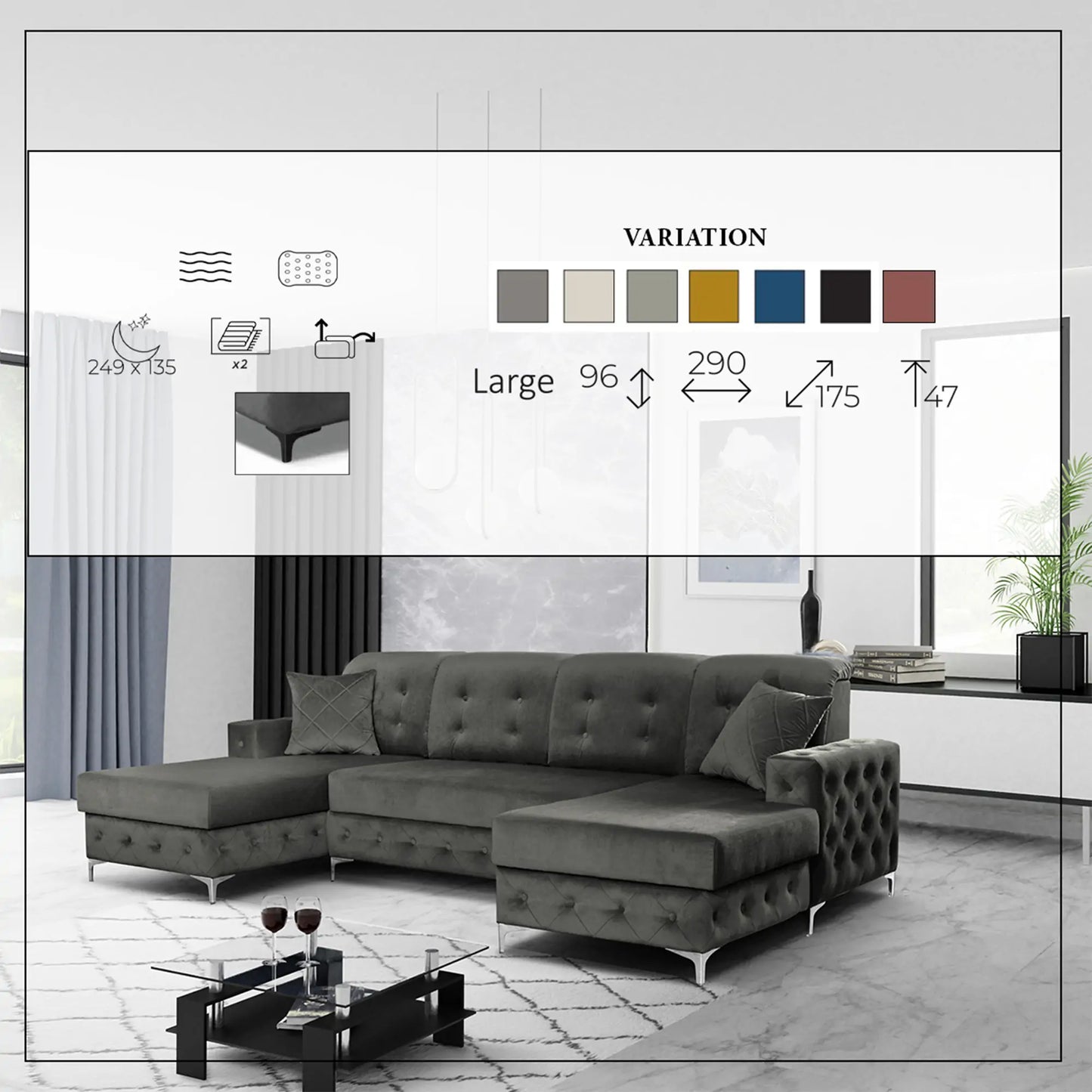 Verso Large Sofa Bed - Black, Blue, Grey, Sky Blue, Light Pink, Mustard, Silver