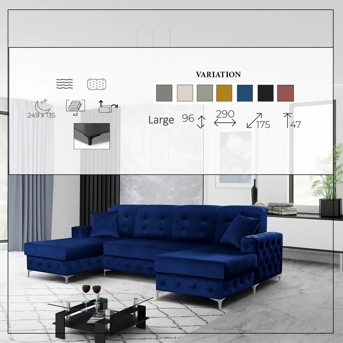 Verso Large Sofa Bed - Black, Blue, Grey, Sky Blue, Light Pink, Mustard, Silver