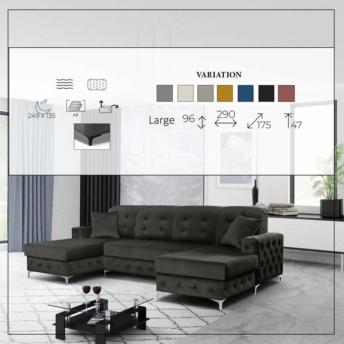 Verso Large Sofa Bed - Black, Blue, Grey, Sky Blue, Light Pink, Mustard, Silver