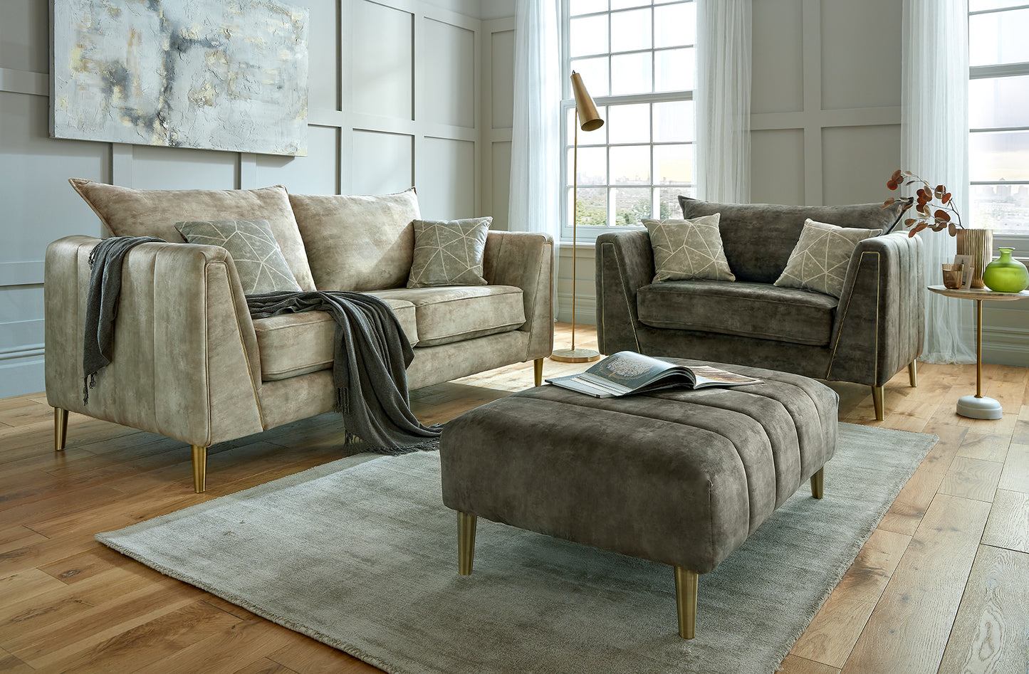 Vivo 3-Seater Sofa, Cuddler Chair & Footstool- Glamorous Comfort Set