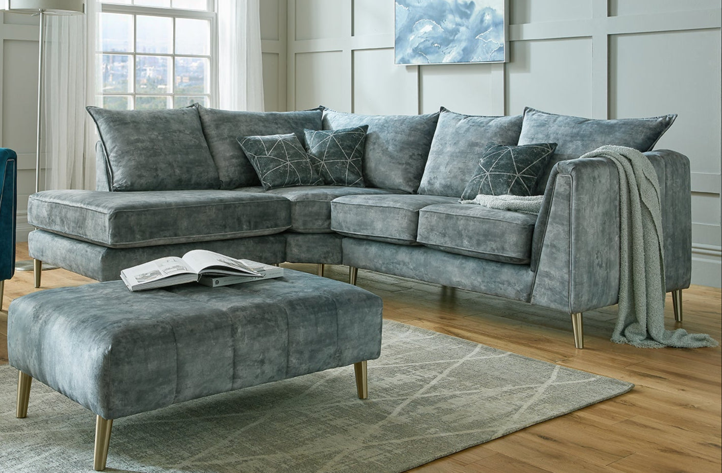 Vivo Grey Velvet Chaise Corner Sofa & Footstool
