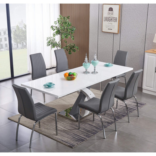 Zurich Extending Dining Set: High Gloss White & Grey with Grey PU Chairs (5 or 7-Piece)