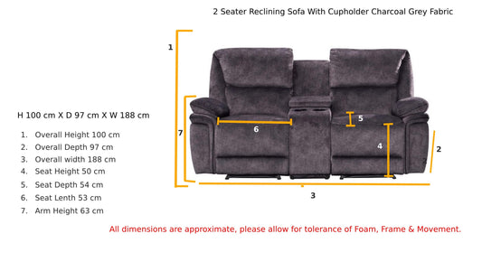 Milano Charcoal 2 Seater Recliner Sofa with Console