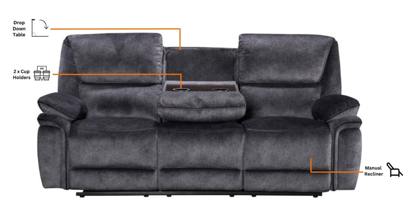 Milano 3-Seater Drop Down Recliner Sofa - Charcoal