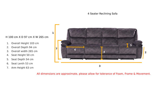 Milano 4-Seater Recliner Sofa - Charcoal